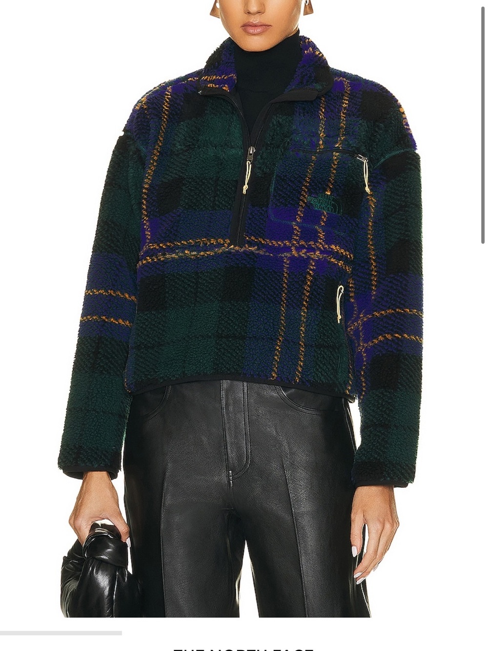 The North Face Green & Navy Plaid Sherpa Half-Zip Jacket